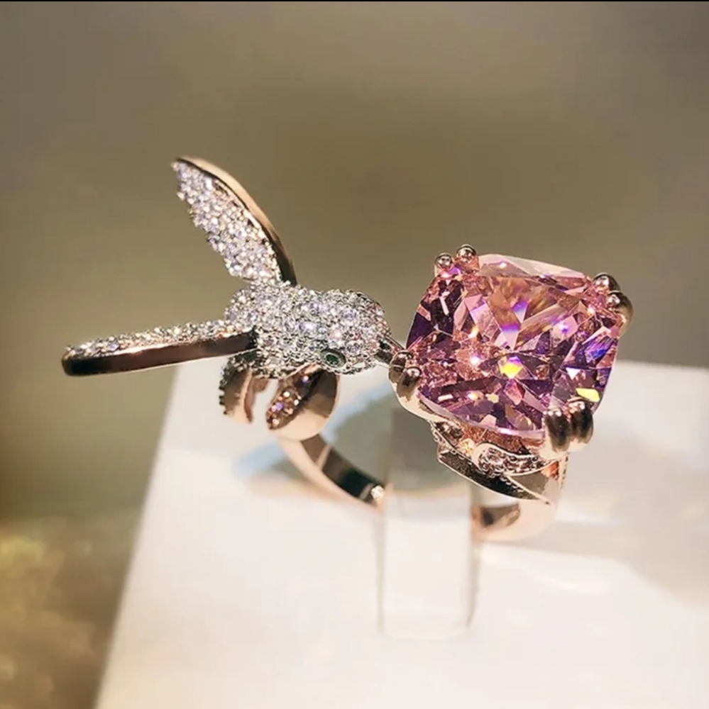 Elegant Pink and Silver Hummingbird Ring